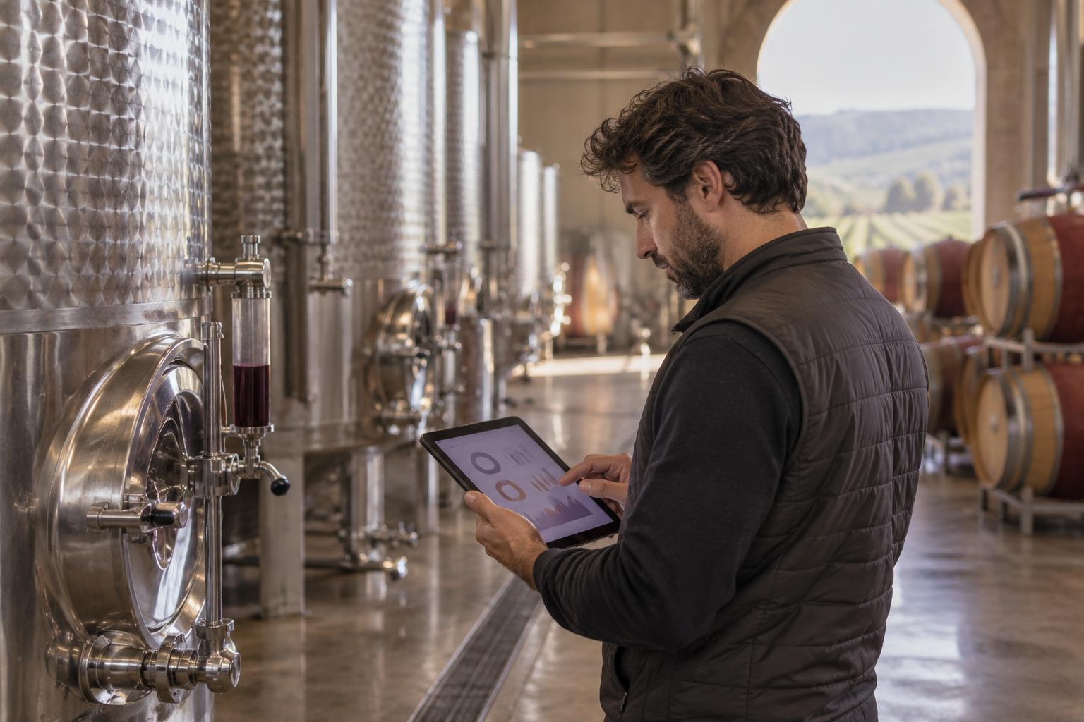 Escena ilustrativa de revisión de datos de producción en una bodega