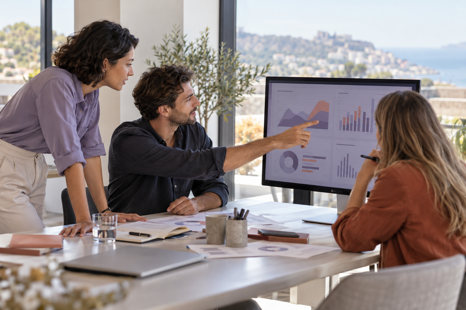 Escena ilustrativa de un equipo revisando un panel de datos