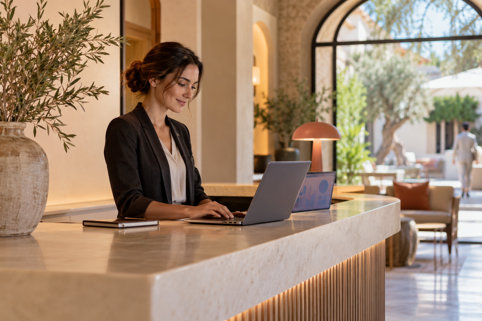 Escena ilustrativa de gestión en la recepción de un hotel